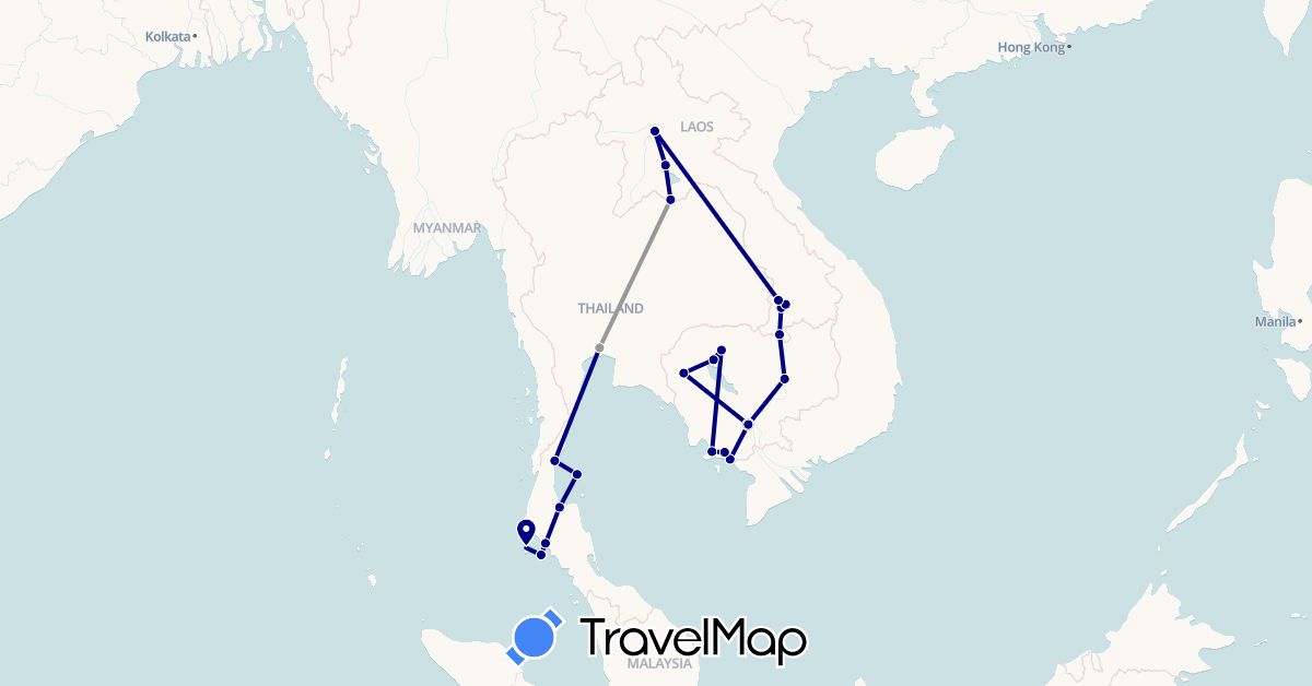 TravelMap itinerary: driving, plane in Cambodia, Laos, Thailand (Asia)